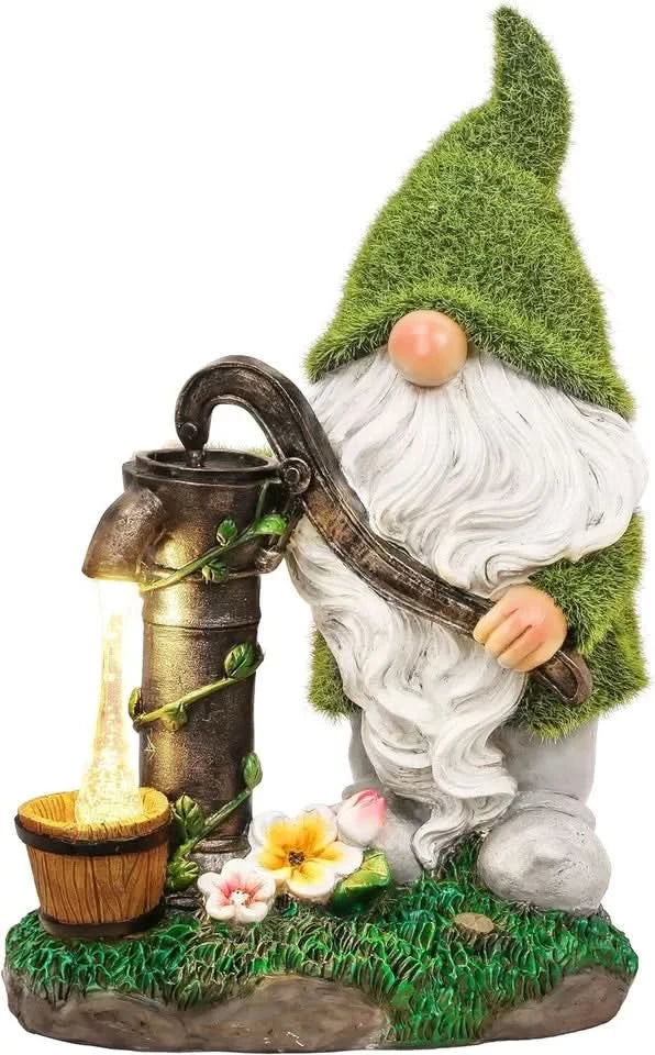 Solar Gnome Garden Ornament LED Water Pump Home Patio Flower Bed Lighting