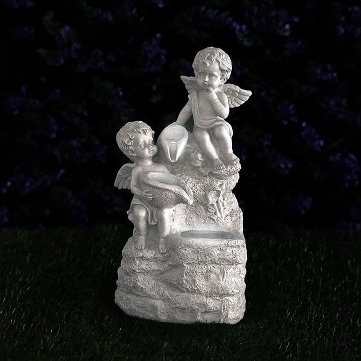 Solar Cherub Fountain Garden Ornament Stone Effect LED Statue 36cm
