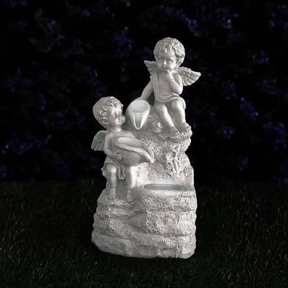 Solar Cherub Fountain Garden Ornament Stone Effect LED Statue 36cm