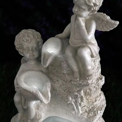Solar Cherub Fountain Garden Ornament Stone Effect LED Statue 36cm