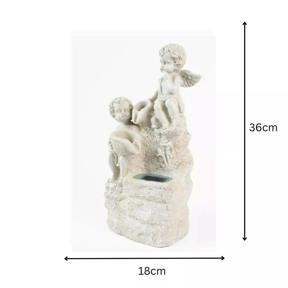 Solar Cherub Fountain Garden Ornament Stone Effect LED Statue 36cm
