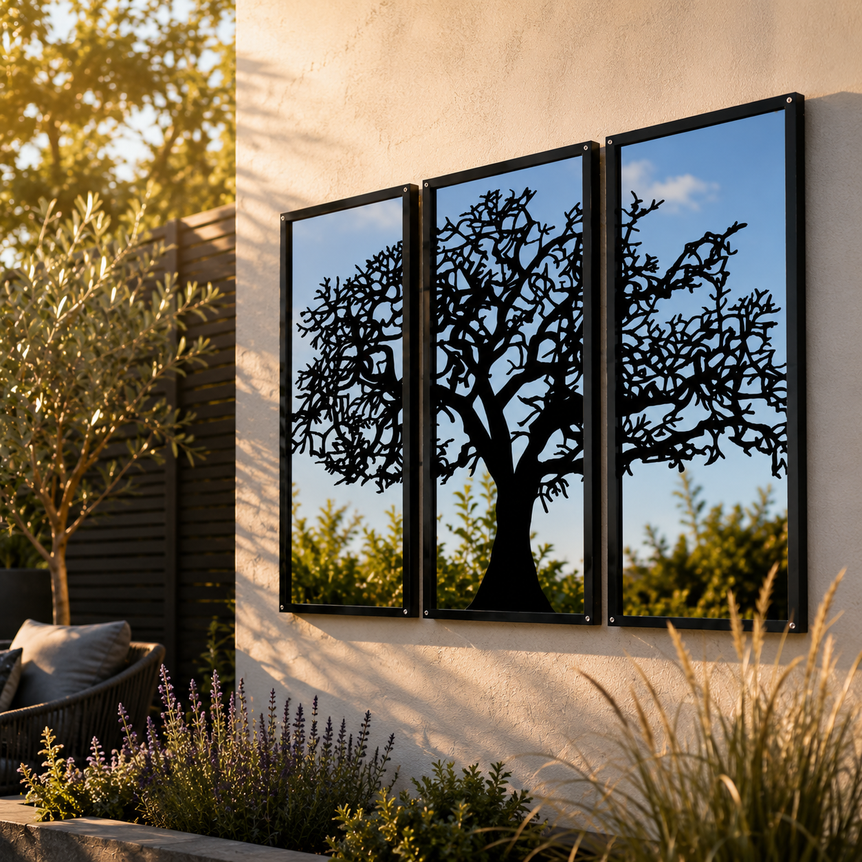 Three Panel Tree Garden Mirror – Outdoor Acrylic Wall Art - Large (100x50cm) - Taylors Garden Buildings
