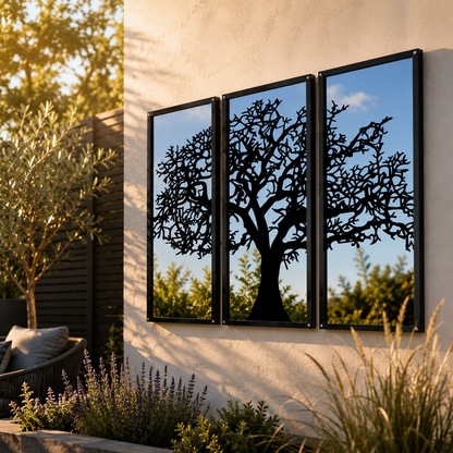Three Panel Tree Garden Mirror – Outdoor Acrylic Wall Art - Large (100x50cm) - Taylors Garden Buildings