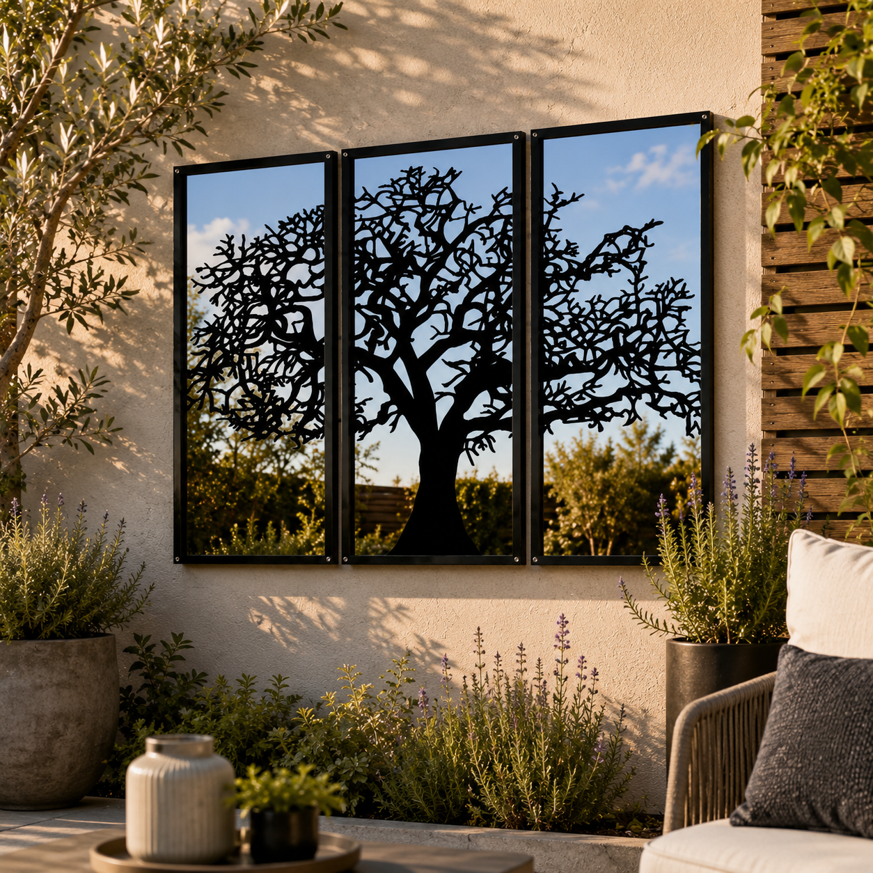 Three Panel Tree Garden Mirror – Outdoor Acrylic Wall Art - Taylors Garden Buildings (view 2)