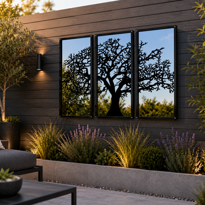 Three Panel Tree Garden Mirror – Outdoor Acrylic Wall Art - Taylors Garden Buildings (view 1)