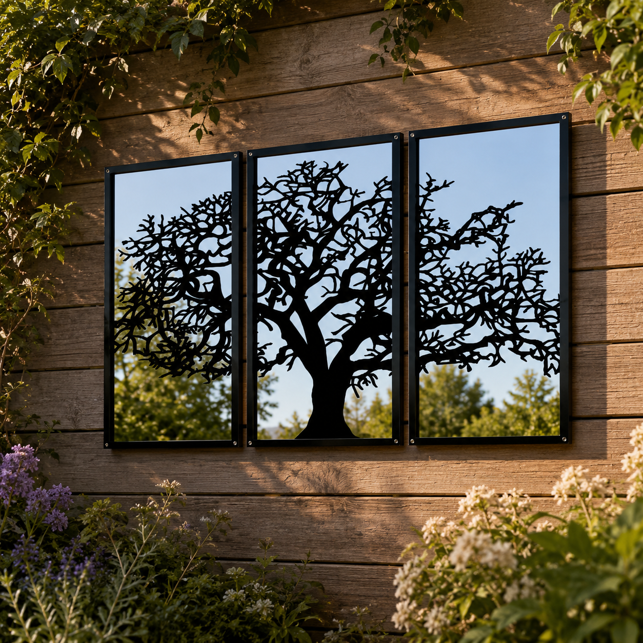 Three Panel Tree Garden Mirror – Outdoor Acrylic Wall Art - Small (70x35cm) - Taylors Garden Buildings