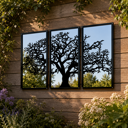 Three Panel Tree Garden Mirror – Outdoor Acrylic Wall Art - Small (70x35cm) - Taylors Garden Buildings