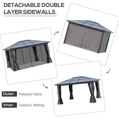 Outsunny 3.6 x 4m Hardtop Gazebo with UV Resistant Polycarbonate Roof & Aluminium Frame, Garden Pavilion with Mosquito Netting and Curtains Black