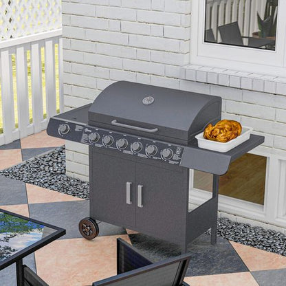 Outsunny 6+1 Burner Gas BBQ Grill Garden Barbecue with Wheels, Cabinet Grey