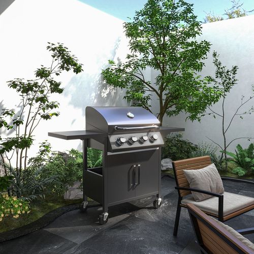 Outsunny 4 Burner Gas Grill Portable BBQ Trolley w/ 4 Wheels and Side Shelves