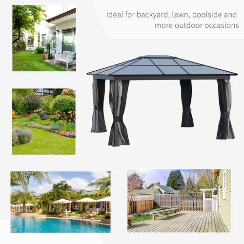Outsunny 3.6 x 4m Hardtop Gazebo with UV Resistant Polycarbonate Roof & Aluminium Frame, Garden Pavilion with Mosquito Netting and Curtains Black