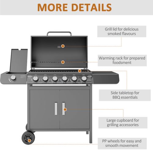 Outsunny 6+1 Burner Gas BBQ Grill Garden Barbecue with Wheels, Cabinet Grey