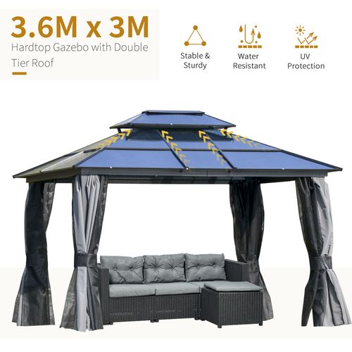 3.6x3m Polycarbonate Hardtop Patio Gazebo Steel Frame Net Sidewalls
