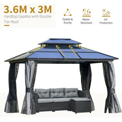 3.6x3m Polycarbonate Hardtop Patio Gazebo Steel Frame Net Sidewalls