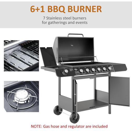 Outsunny 6+1 Burner Gas BBQ Grill Garden Barbecue with Wheels, Cabinet Grey