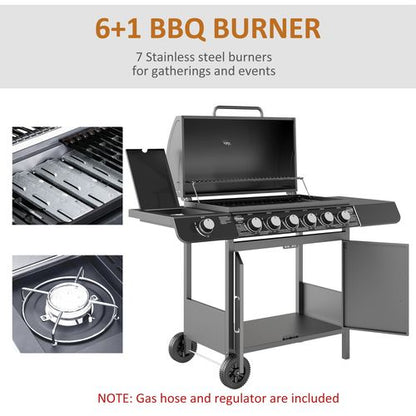 Outsunny 6+1 Burner Gas BBQ Grill Garden Barbecue with Wheels, Cabinet Grey