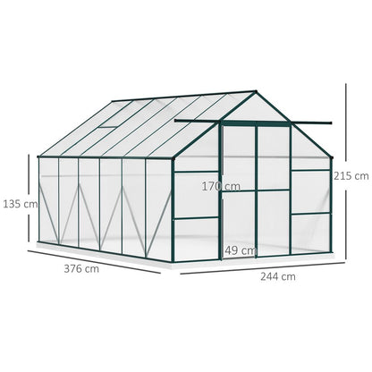 Outsunny 8 x 12ft Aluminium Greenhouse Polycarbonate Walk-in Garden Greenhouse Kit with Adjustable Roof Vent, Double Sliding Door, Rain Gutter and Foundation, Clear