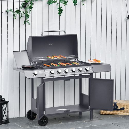 Outsunny 6+1 Burner Gas BBQ Grill Garden Barbecue with Wheels, Cabinet Grey