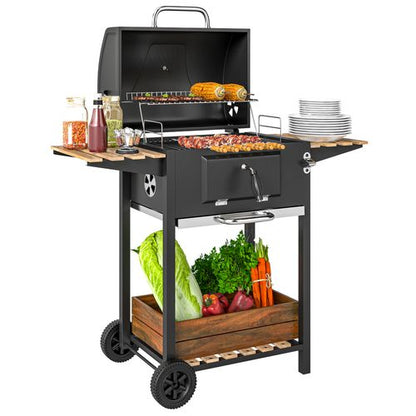 Outsunny Charcoal BBQ Grill with Warming Rack 3 Shelves Temperature Gauge
