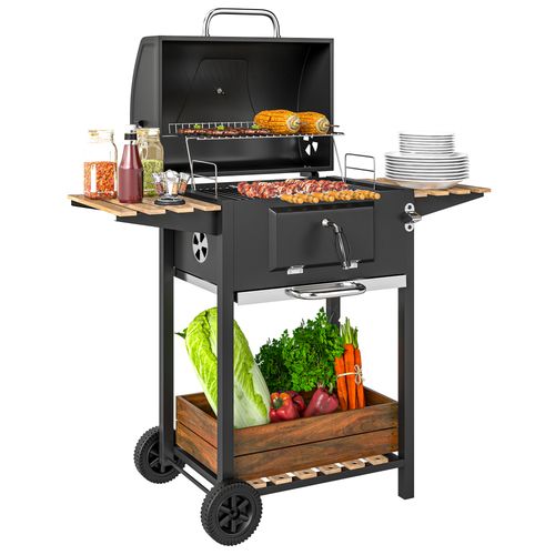 Outsunny Charcoal BBQ Grill with Warming Rack 3 Shelves Temperature Gauge