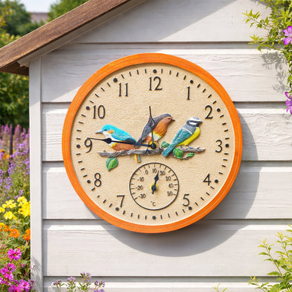 30cm Vintage Bird Wall Clock and Thermometer Weatherproof