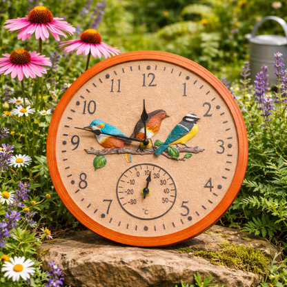30cm Vintage Bird Wall Clock and Thermometer Weatherproof