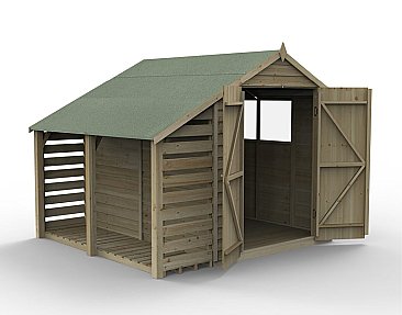 Overlap Pressure Treated 6x8 Apex Shed - Double Door No Window with Lean To