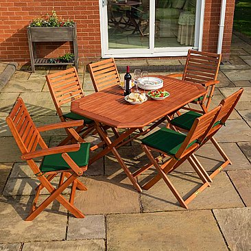 Plumley Six Seater Dining Set Green Cushions