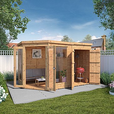 Reversible Corner Summerhouse With Side Shed 11 x 7
