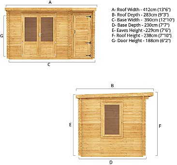 Mercia 4m x 2.5 Pent Log Cabin with Side Shed