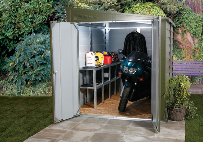 Motorcycle garage with stored items